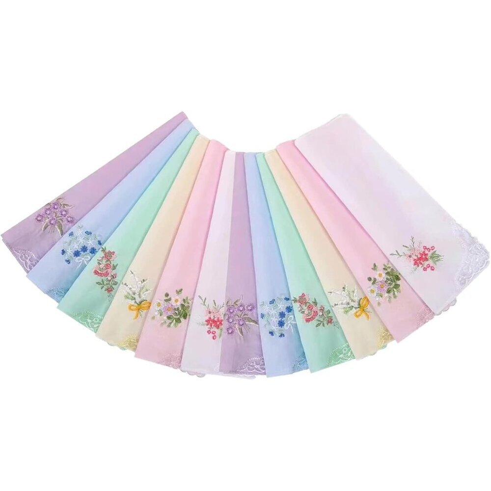 Cotton Embroidery Ladies Handkerchiefs Vintage Floral Lace Wedding 12 Pack